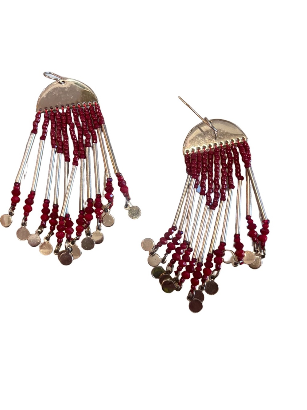 Vintage Gold and Red Beaded Fringe Drop Earrings - Women Jewelry